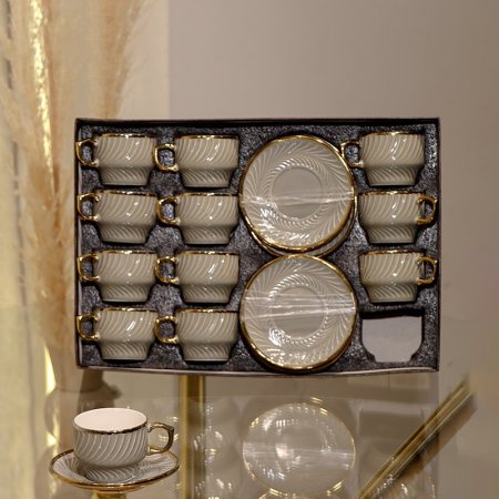 طقم فناجين قهوة 12/12 بورسلان زيتي محزز بقاعدة حيف ذهبي GY2461 ++