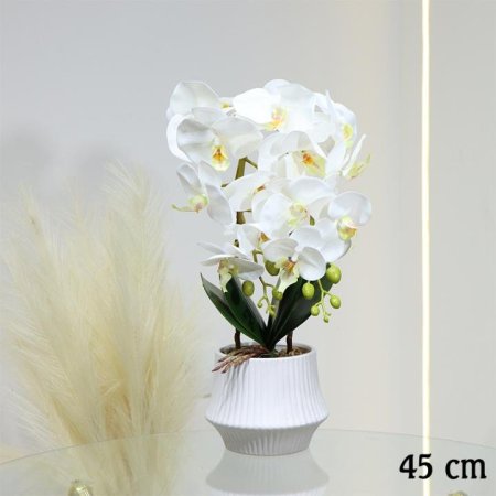 قوار بورسلان بيضاوي محزز ورد ابيض 45سم عروق اخضر EL145/4 =ط56