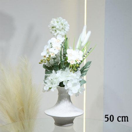 قوار شكل فازة حلقات بورسلان محزز ورد ابيض 50سم عروق اخضر EL145/5 =ط56