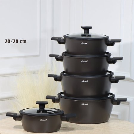 طقم طناجر/5 QINA مدور 20/28سم اسود ماط 32803-13/17-B يد سلكون ++2