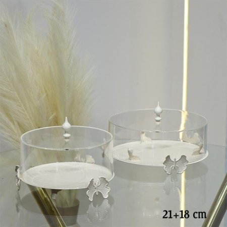طقم مضايف مدور/2 اكرلك شفاف 18+21سم قاعدة تنك بيج EL114/1 =ط56