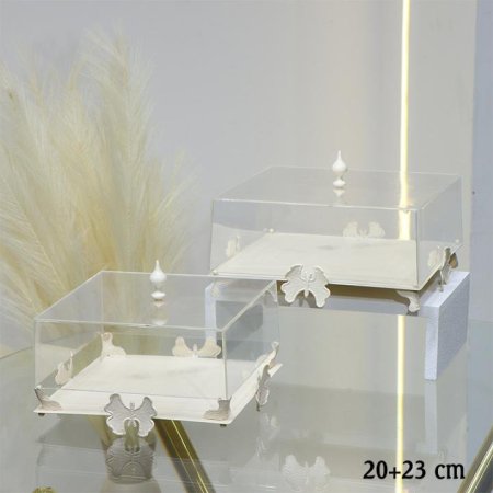 طقم مضايف مربع/2 اكرلك شفاف 20+23سم قاعدة تنك بيج EL114/2 =ط56