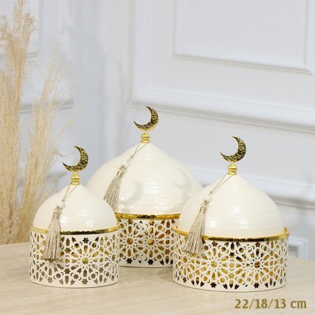 طقم مضايف رمضان/3 احجام مدور 13/18/22سم تنك يبج غطا قبة مسكة هلال EL91/2 =رم1