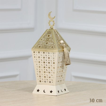 فانوس رمضان مضلع 30سم تنك بيج وذهبي اضاءة ذهبي بطاريات EL91/3 =رم1