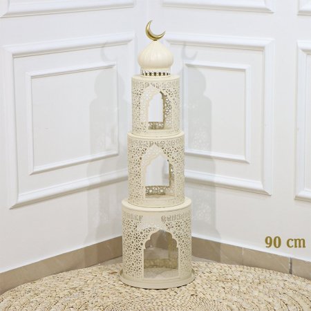 فانوس رمضان مدور 3 طبقات 90سم تنك بيج وذهبي قبة بيج وهلال ذهبي EL91/11 =رم1