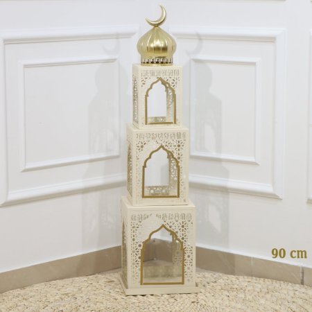فانوس رمضان مربع 3 طبقات 90سم تنك بيج وذهبي قبة و هلال ذهبي EL91/12 =رم1