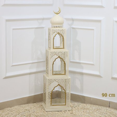 فانوس رمضان مربع 3 طبقات 90سم تنك بيج وذهبي قبة بيج وهلال ذهبي EL91/13 =رم1