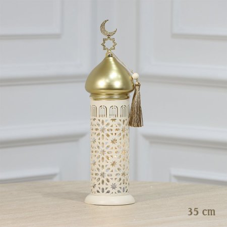 شكل مأذنة 35سم اسطواني تنك بيج وذهبي اضاءة بطاريات مسكة هلال EL91/14 =رم1