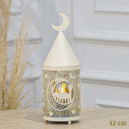 تحفة شكل مأذنة 32سم مخروط تنك بيج اضاءة  لمبة بطاريات مسكة هلال EL91/17 =رم1