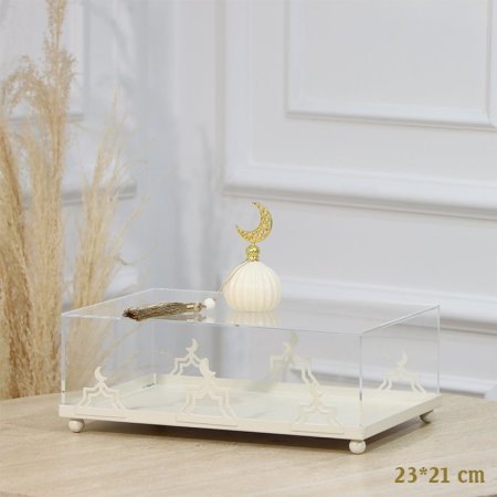 مضيفة كيك مستطيل 23*21سم تنك بيج غطا اكرلك شفاف حيف هلال مسكة قبة EL91/21 =رم1