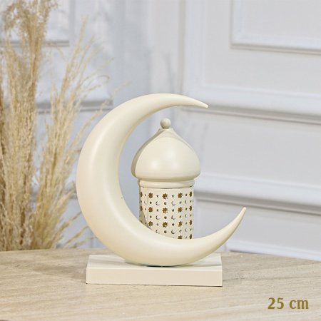 تحفة شكل هلال ومأذنة 25سم تنك بيج اضاءة ذهبي بطاريات EL91/22 =رم1