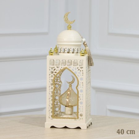 فانوس رمضان مستطيل 40سم تنك بيج وذهبي مأذنة اضاءة ذهبي بطاريات EL91/23 =رم1