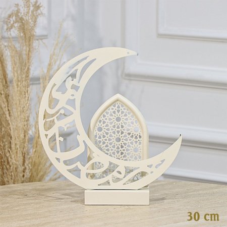 تحفة شكل محراب وهلال رمضان كريم 30سم تنك بيج اضاءة ذهبي بطاريات EL91/28 =رم1