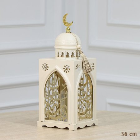 فانوس رمضان مستطيل 36سم تنك بيج وذهبي مكتب رمضان كريم اضاءة ذهبي بطاريات EL91/29 =رم1