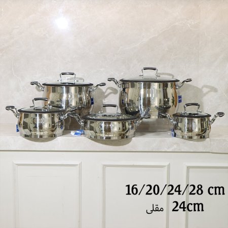 طقم طناجر/10 ستانلس ستيل ثقيل 16/20/24/28 + مقلى 24سم بيدين مغطى سلكون EL122/1 =ط56