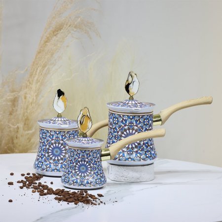 طقم غلاية قهوة /3 احجام ستانلس ستيل مزخرف ازرق يد بلاستك خشبي EL22/16 =ط57