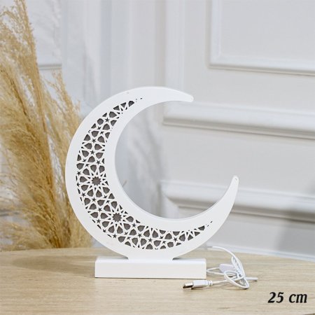 هلال رمضان خشب 25سم ابيض مزخرف USB اضاءة EL43/11A =رم2