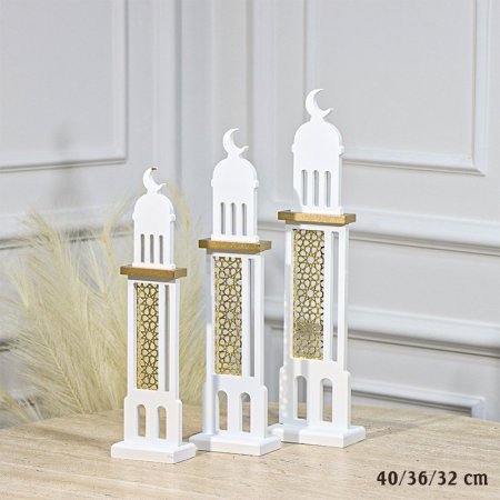 طقم مأذنة جامع مستطيل/3 32/36/40سم خشب ابيض وجه مزخرف EL43/17 =رم3
