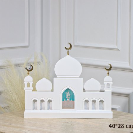 تحفة خشب ابيض 40*28سم شكل مسجد مسكة هلال ذهبي اضاءة بطاريات EL43/19 =رم3