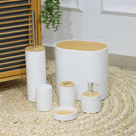 طقم حمام بيضاوي /6 بلاستك ابيض محزز غطا خشب EL99/1 =ط57