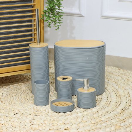 طقم حمام بيضاوي /6 بلاستك سكني محزز غطا خشب EL99/3 =ط57