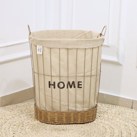 سلة غسيل بيضاوي حديد بيج قاعدة قصب عسلي وجه قماش مكتب هوم EL92/7 =رم1