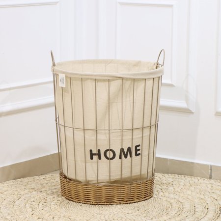 سلة غسيل مدور حديد بيج قاعدة قصب عسلي وجه قماش مكتب هوم EL92/10 =رم1