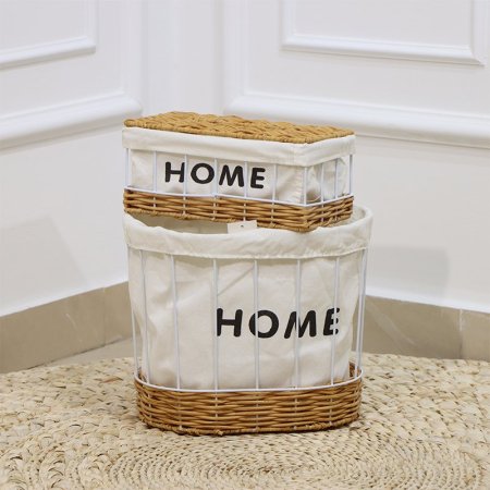 سلة + بكيت محارم حديد ابيض وجه قماش ابيض قاعدة قصب عسلي EL92/14 =رم1