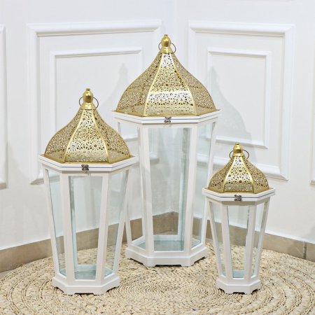 طقم فانوس رمضان /3 احجام خشب ابيض سداسي غطا تنك ذهبي قبة كبير EL16/1 =رم2