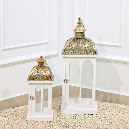 طقم فانوس رمضان /2 احجام مربع خشب ابيض قاعدة وغطا تنك ذهبي EL16/3 =رم2
