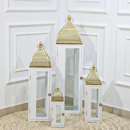 طقم فانوس رمضان /4 احجام مربع خشب ابيض اطار تنك ذهبي EL16/4 =رم2