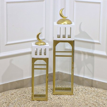 طقم فانوس رمضان /2 احجام مستطيل تنك ذهبي قبة خشب مربع ابيض EL16/5 =رم2