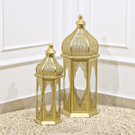 طقم فانوس رمضان /2 احجام شكل مأذنة سداسي تنك ذهبي قبة كبير EL16/6 =رم2