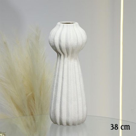 فازة جبص بيج 38سم اسطواني محزز عنق طابة EL10/6 =ط56