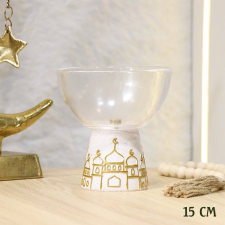 مضيفة زجاج مدور 15سم قاعدة جبص بيج مرسم مسجد ذهبي EL95/2 =ط58