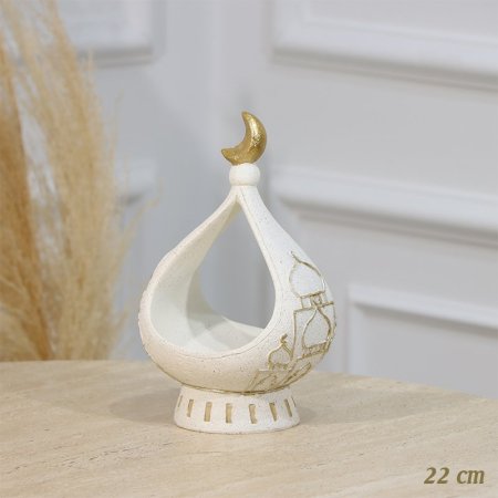 مضيفة جبص بيج 22سم شكل دمعة مرسم مسجد ذهبي برجل EL94/11 =رم2