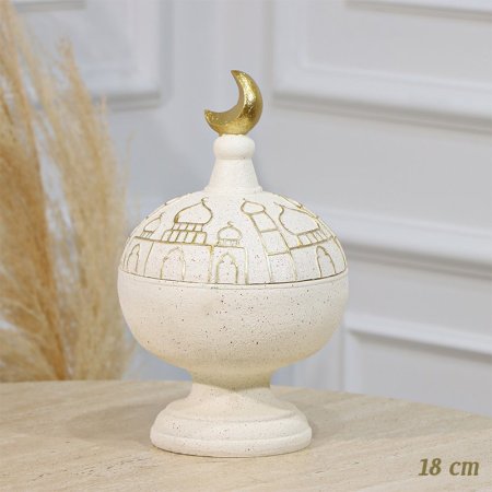 مضيفة مدور 18سم جبص بيج وغطا قبة مرسم مسجد ذهبي مسكة هلال برجل EL94/12 =رم2