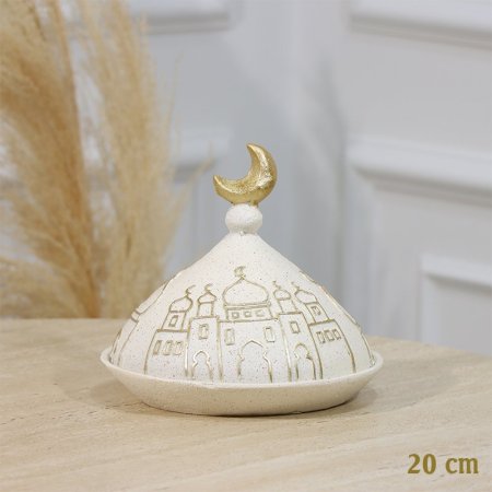 مضيفة مدور 20سم جبص بيج وغطا قبة مرسم مسجد ذهبي مسكة هلال EL94/17 =رم2
