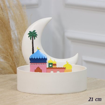 مضيفة بيضاوي 21سم جبص ابيض مسكة هلال مرسم مسجد ملون EL94/51 =رم2