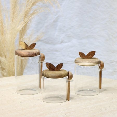 طقم/3 مطربان زجاج مدور احجام غطا ومعلقة خشب بامبو EL96/1 =ط57