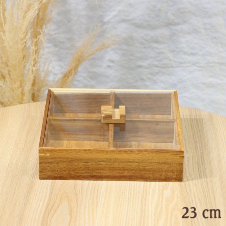 مضيفة مربع مقسم 4عين خشب بامبو 23سم غطا اكرلك شفاف EL9/2 =ط58