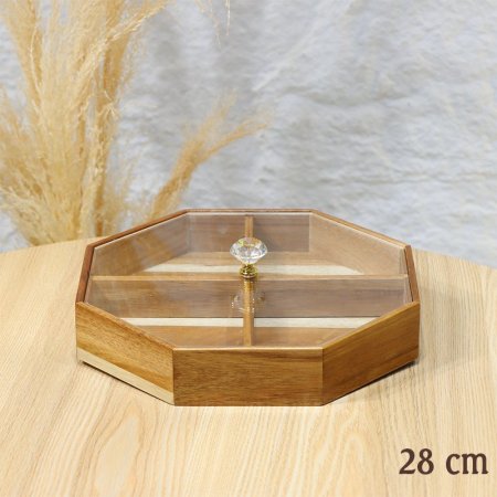 مضيفة ثماني مقسم 4عين خشب بامبو 28سم غطا اكرلك شفاف EL9/3 =ط58