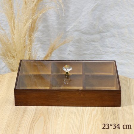 مضيفة مستطيل مقسم 6عين خشب بامبو 34*23سم غطا اكرلك شفاف EL9/10 =ط58