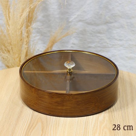 مضيفة مدور مقسم 4عين خشب بامبو 28سم غطا زجاج حيف ذهبي EL9/11 =ط58