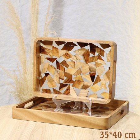 طقم صواني مستطيل/2 خشب بامبو 40+35سم وجه ريزن مثلثات EL9/12 =ط58