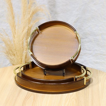 طقم صواني مدور/3 خشب بامبو بيدين ستانلس ذهبي EL9/13 =ط58