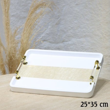 صينية جبص مستطيل 35*25سم ابيض وجه نصف ريزن بيدين مقبض كرستال EL45/1 =ط57