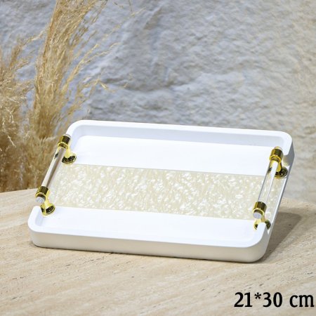 صينية جبص مستطيل 30*21سم ابيض وجه نصف ريزن بيدين مقبض كرستال EL45/2 =ط57