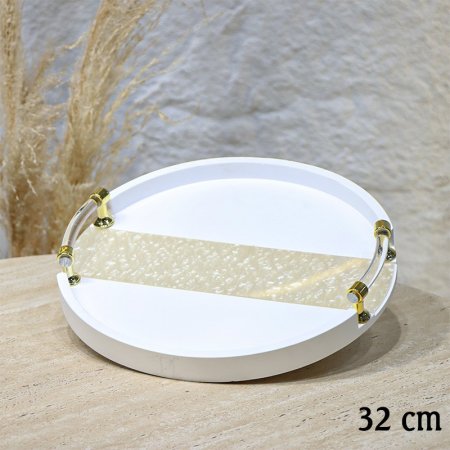 صينية جبص مدور 32سم ابيض وجه نصف ريزن بيدين مقبض كرستال EL45/3 =ط57