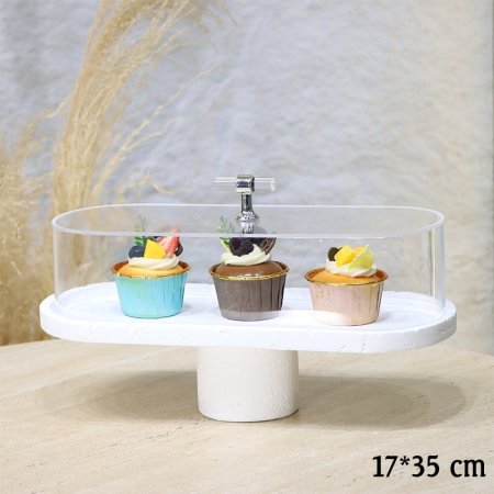 مضيفة كيك جبص بيضاوي 35*17سم غطا اكرلك شفاف برجل EL45/13 =ط57